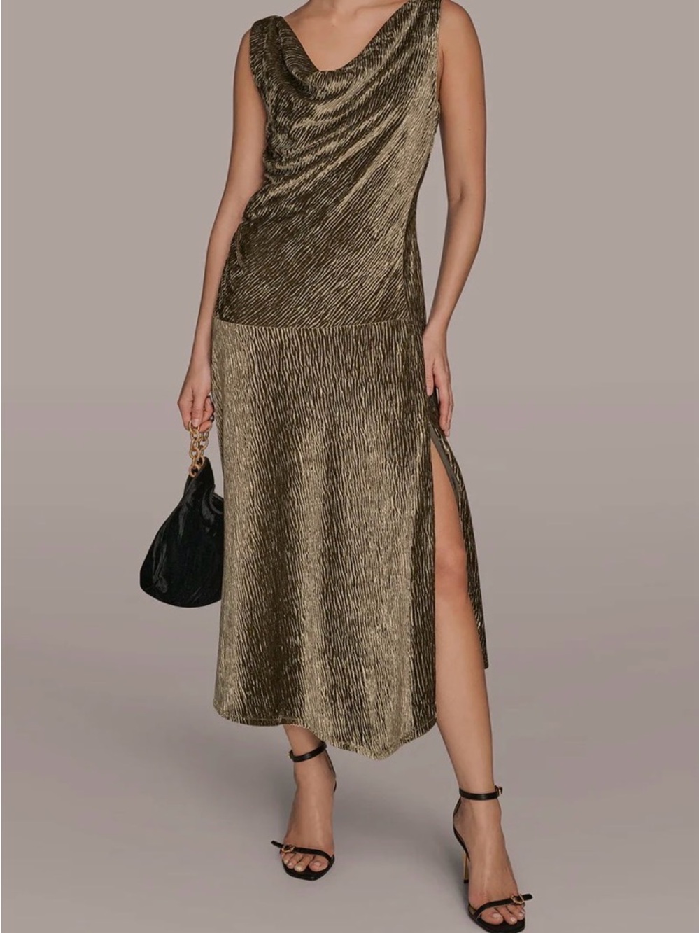 Donna Karan Olive Green Velvet Draped Midi Dress